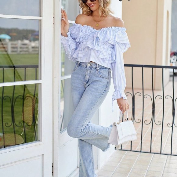 . Tops - Multicolor Casual Womens Striped Off Shoulder Ruffle Trim Flounce Sleeve Blouse